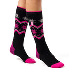 Damen Ultra Lite lange Ski- und Schnee-Sportsocken – Schwarz und Pink Fairisle